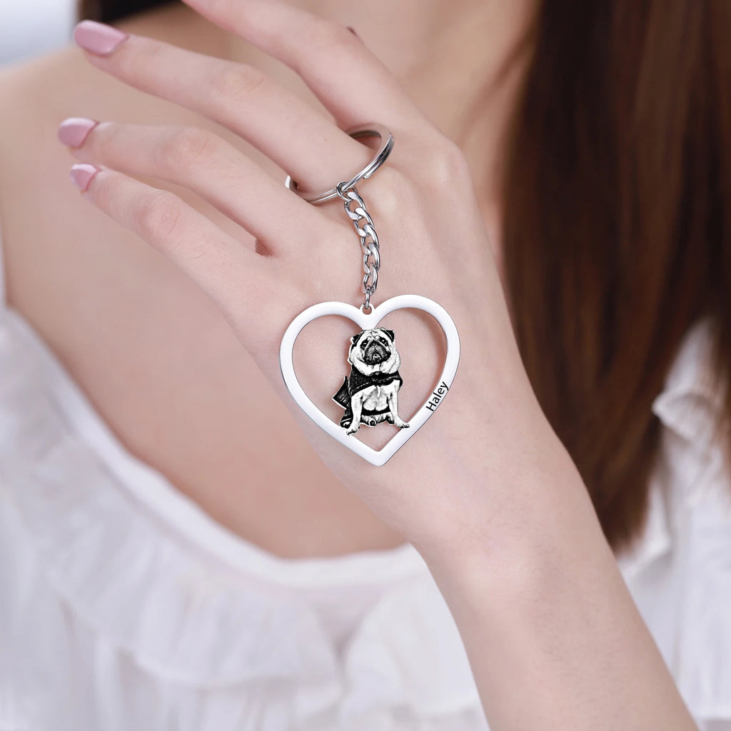 Custom pet photo keychain with engraving for dog and cat lovers
