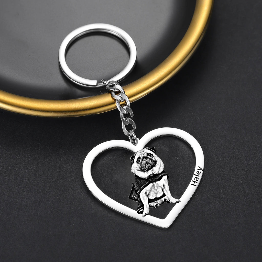 Custom pet photo keychain with engraving for dog and cat lovers