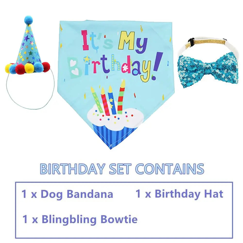 Dog birthday outfit set with bandana hat and bow tie for pet party photos