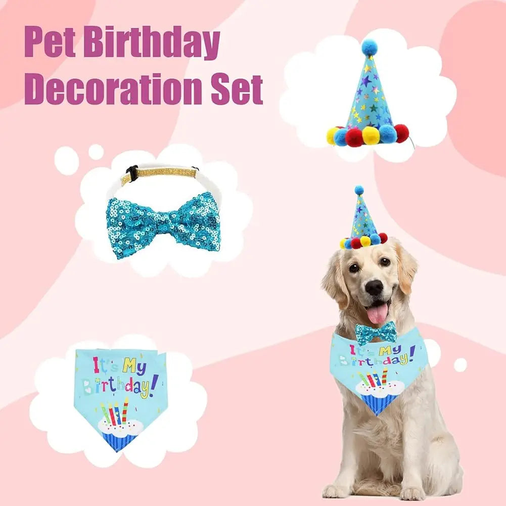 Dog birthday outfit set with bandana hat and bow tie for pet party photos