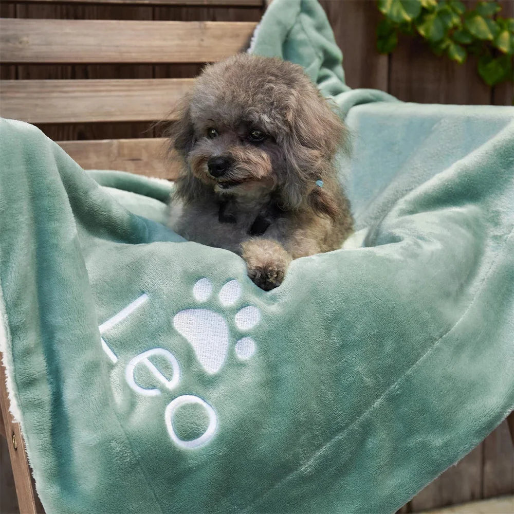 Personalized dog name blanket with paw print design custom pet gift