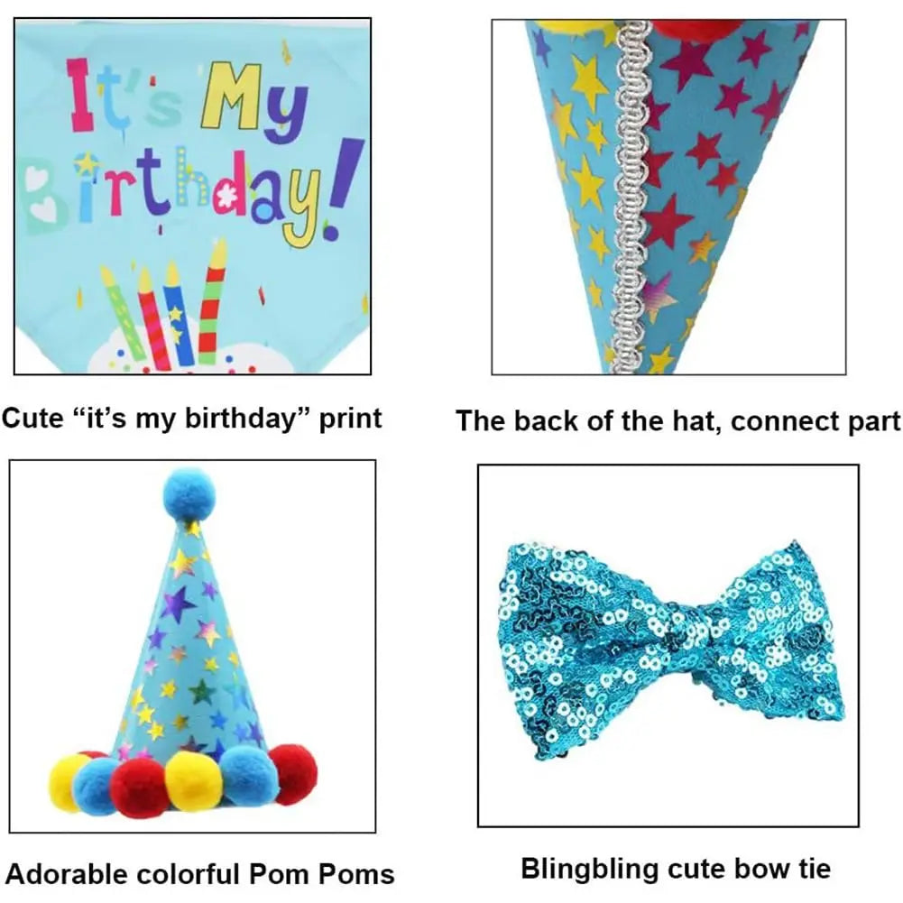 Dog birthday outfit set with bandana hat and bow tie for pet party photos
