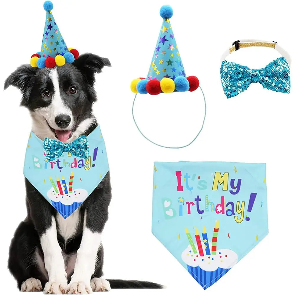 Dog birthday outfit set with bandana hat and bow tie for pet party photos