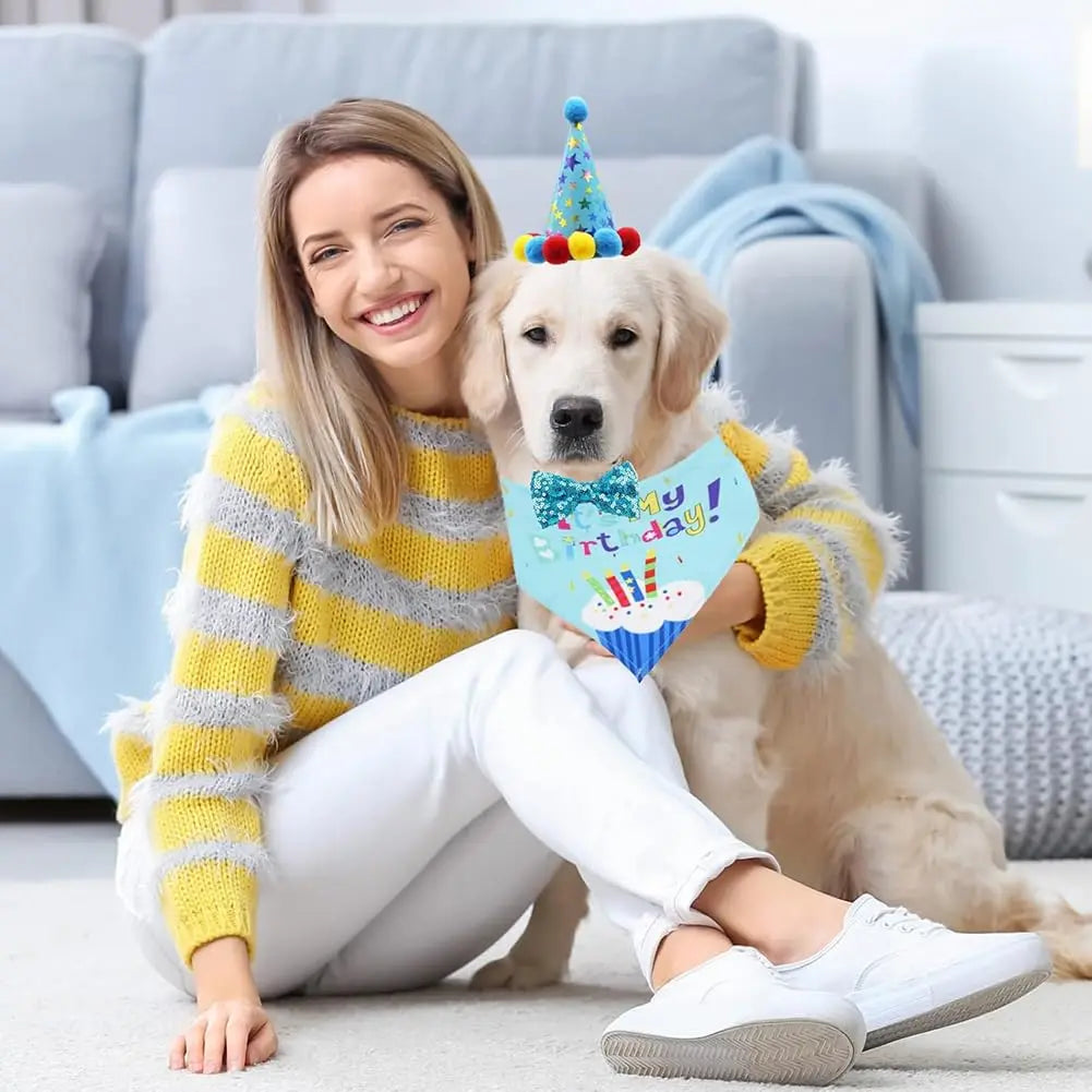 Dog birthday outfit set with bandana hat and bow tie for pet party photos
