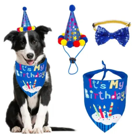 Dog birthday outfit set with bandana hat and bow tie for pet party photos