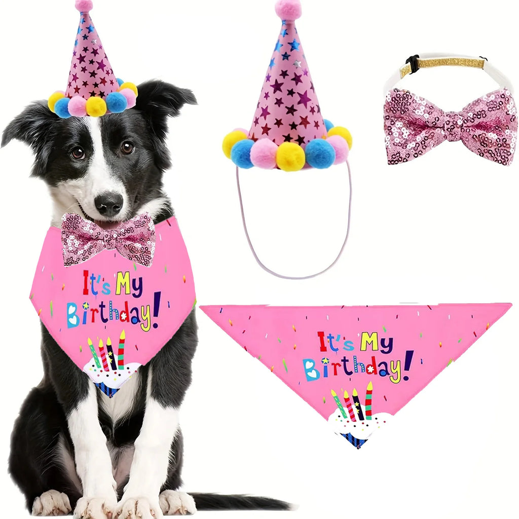 Dog birthday outfit set with bandana hat and bow tie for pet party photos