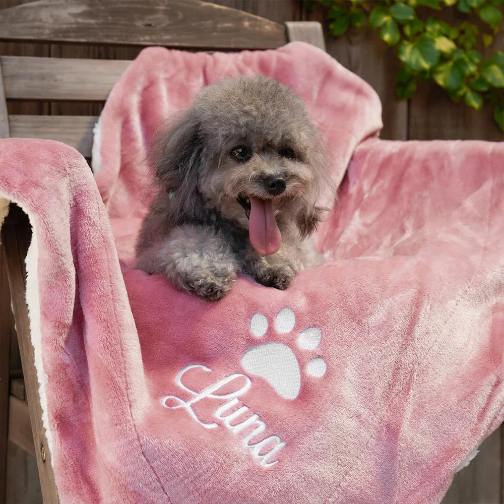 Personalized dog name blanket with paw print design custom pet gift
