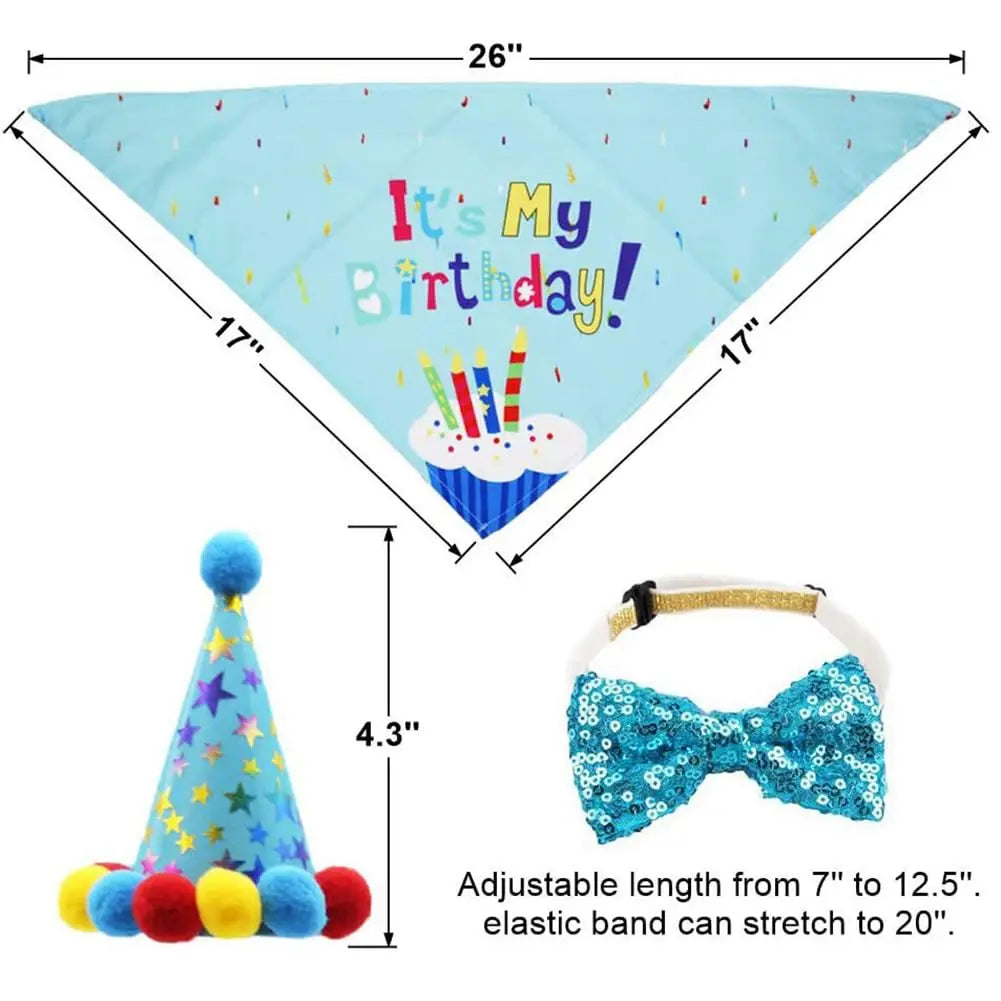 Dog birthday outfit set with bandana hat and bow tie for pet party photos